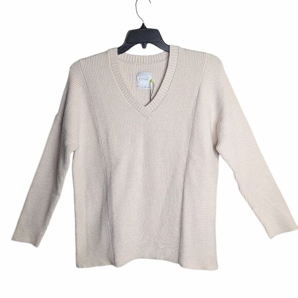 Lysse Cream Oyster Ribbed V-Neck Viscose Blend Tunic Sweater Womens M - Picture 2 of 6